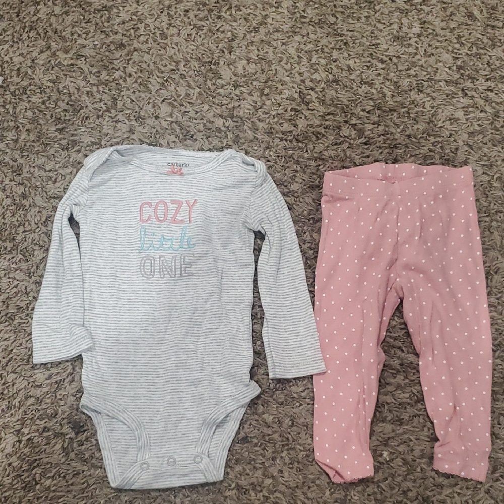 Carter's Striped Gray Onesie with Pink Polka Dot Leggings
